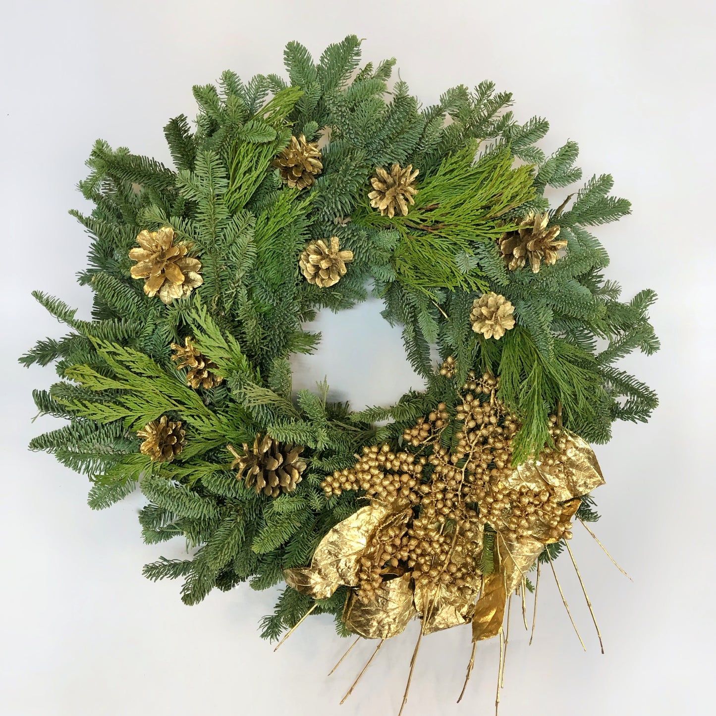 Fresh Evergreens Golden Pinecones Wreath