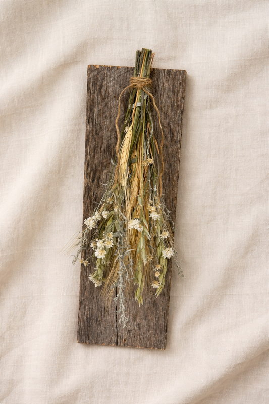 Dried Airy Garden Bouquet on Weathered Wood Board