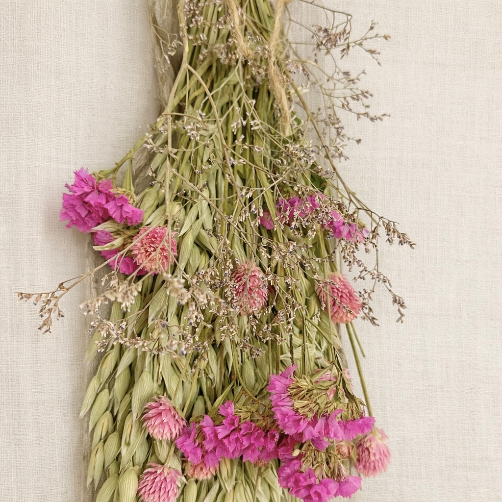 Dried Pink and Oat Bouquet on Weathered Wood Board