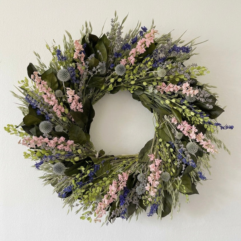 Dried and Preserved Larkspur and Leaf Wreath