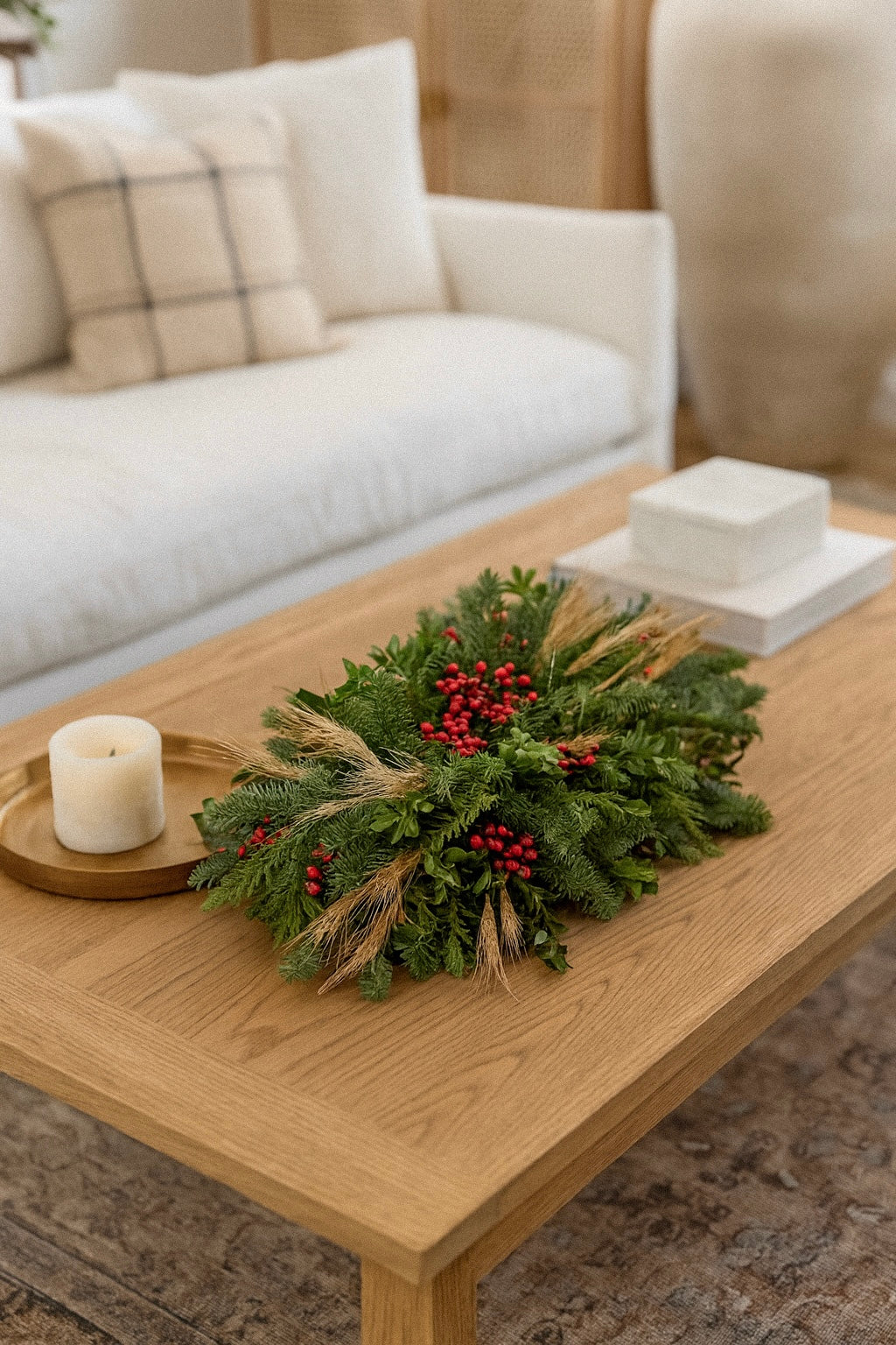 Fresh Evergreens Hearthside Wheat Centerpiece