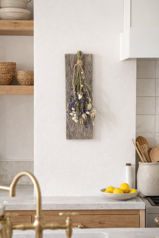 Dried Love in a Mist Blue Bouquet on Weathered Wood Board