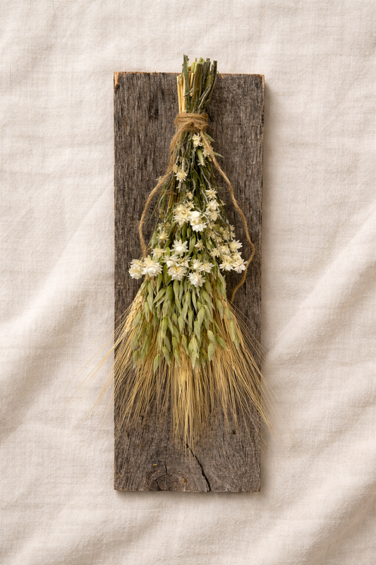 Dried Washington Grasslands Bouquet on Weathered Wood Board