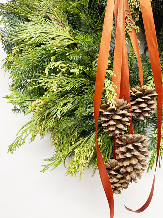 Fresh Evergreens Copper Ribboned Pine Cones Wreath