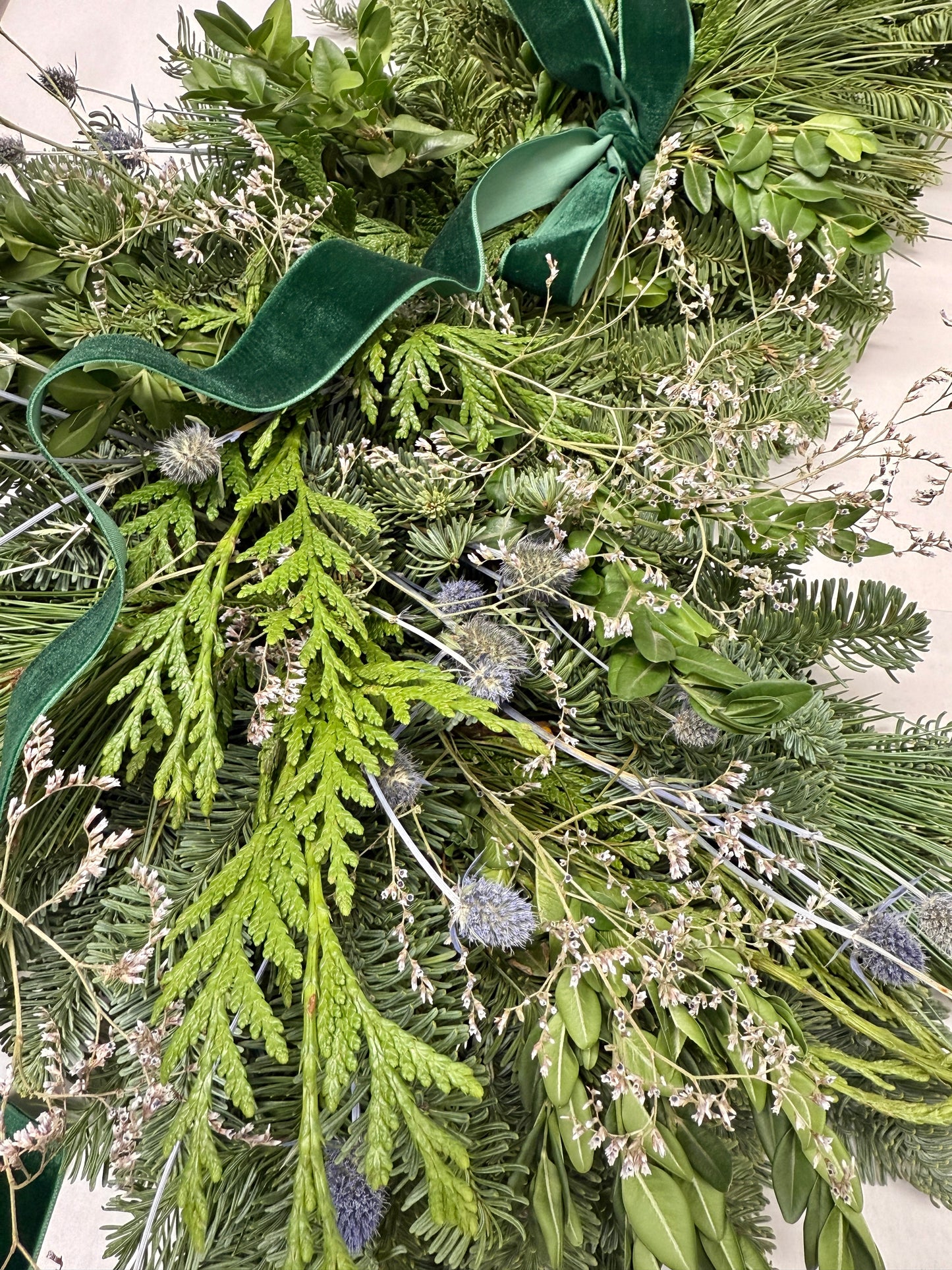 Fresh Evergreens Sea Holly Frost Mantelpiece Runner