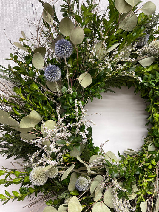 Dried and Preserved Echinops Foliage Wreath