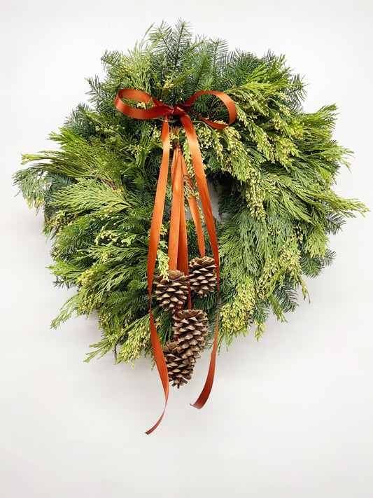 Fresh Evergreens Copper Ribboned Pine Cones Wreath