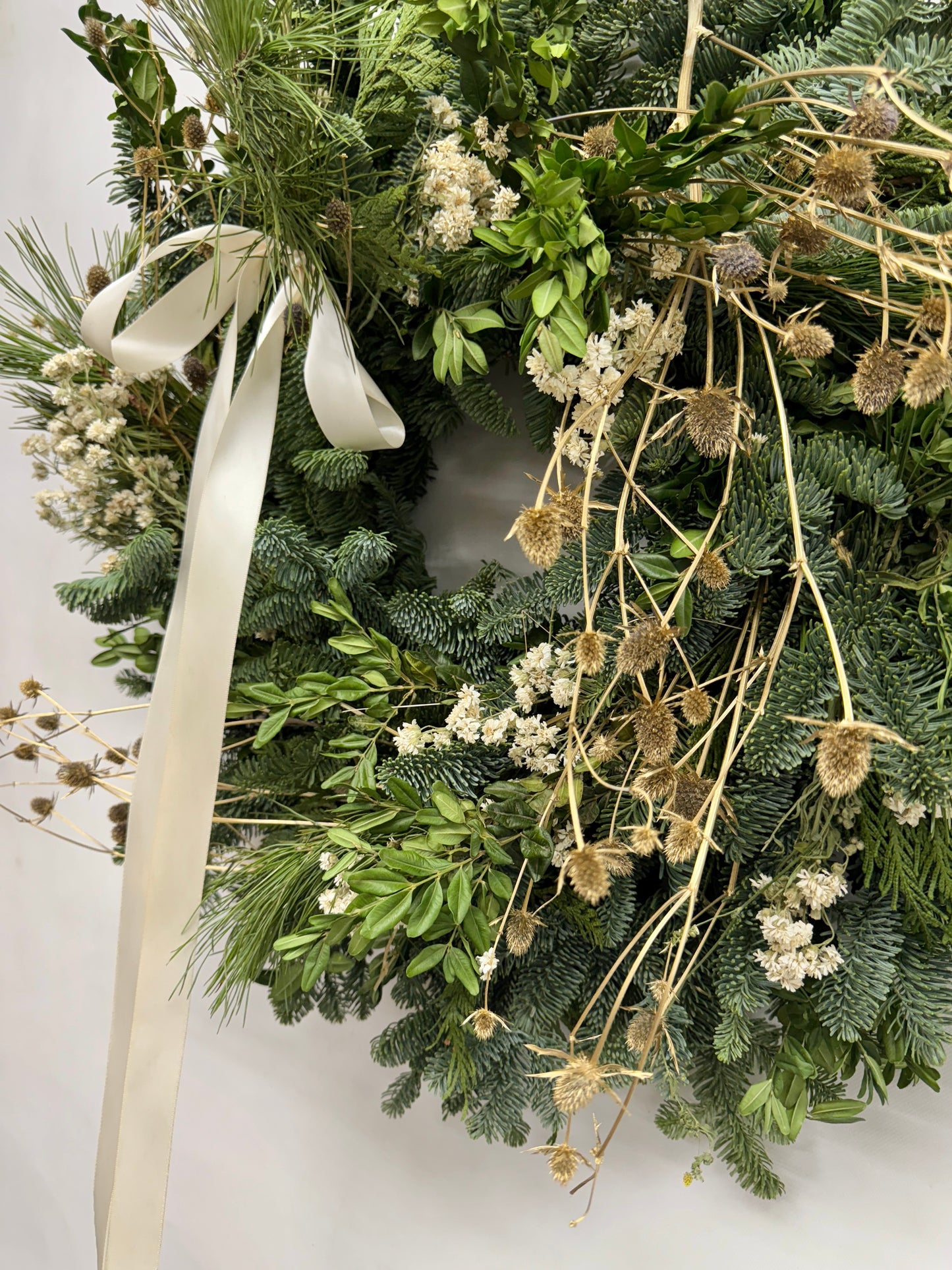 Fresh Evergreens Frosted Satin Wreath