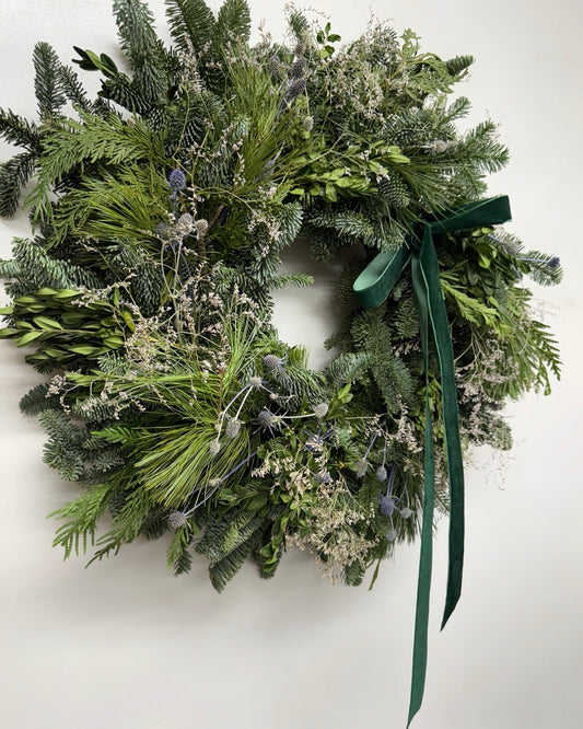 Fresh Evergreens Sea Holly Frost Wreath