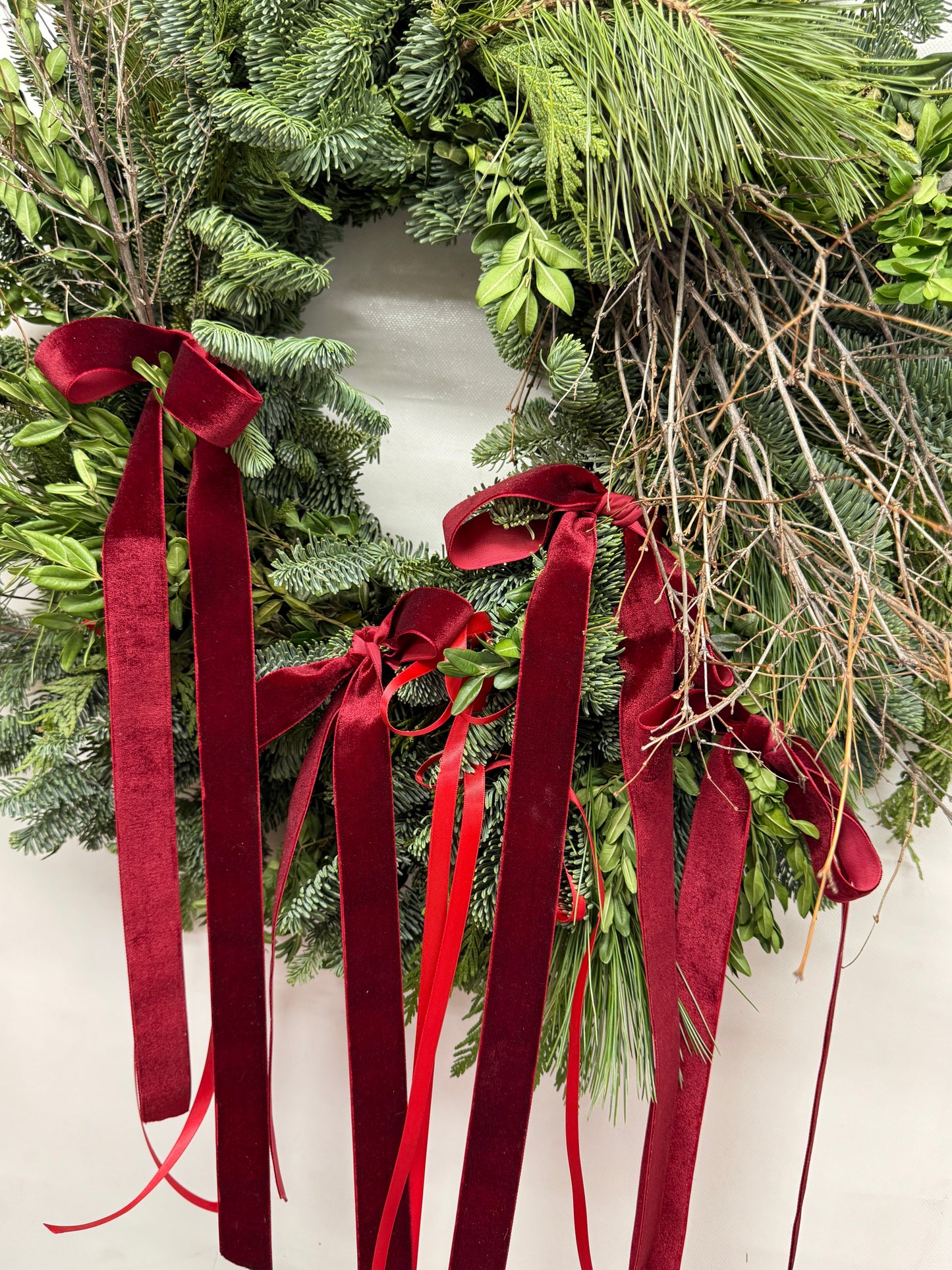 Fresh Evergreens Trailing Bows Wreath