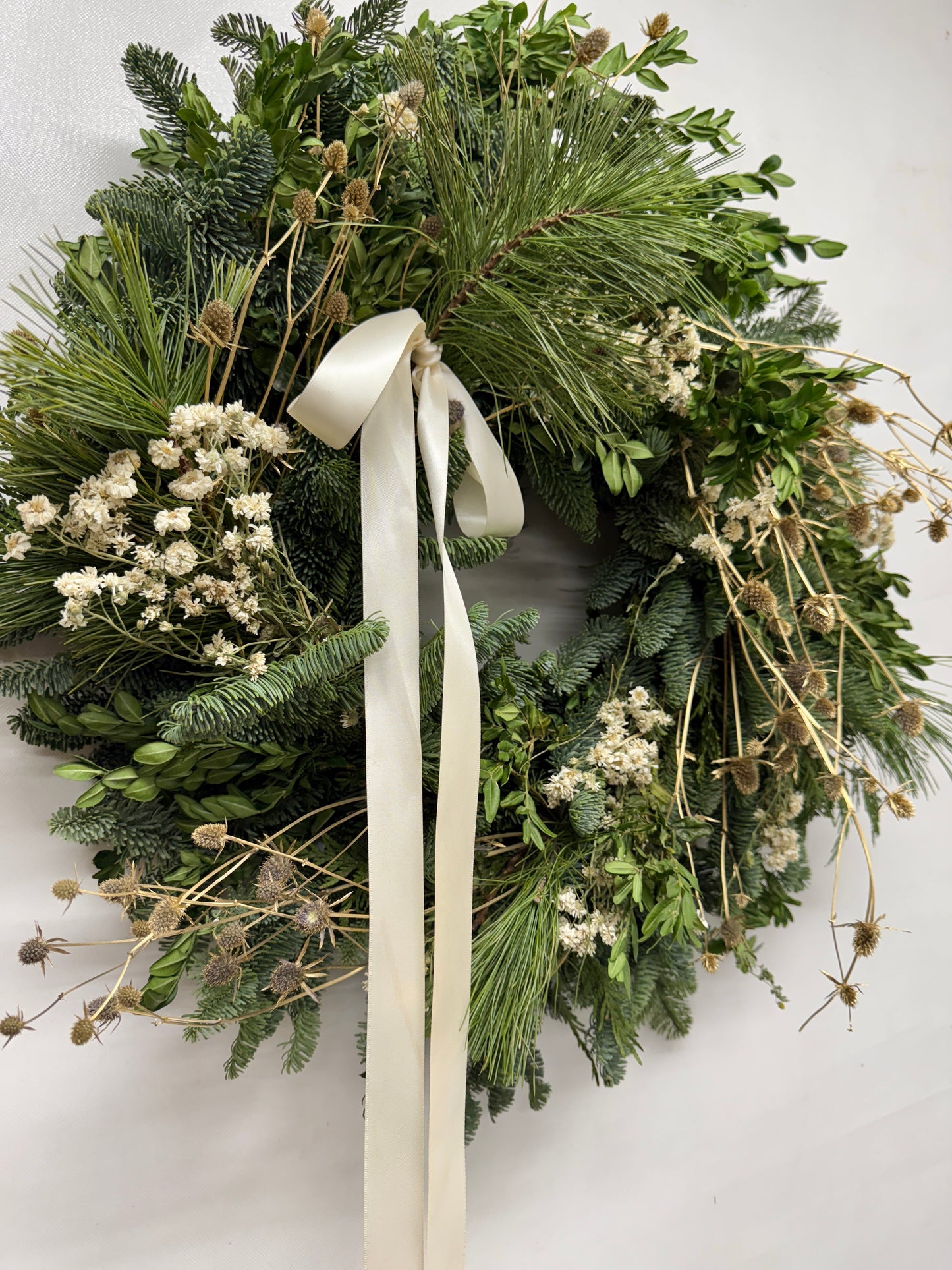 Fresh Evergreens Frosted Satin Wreath