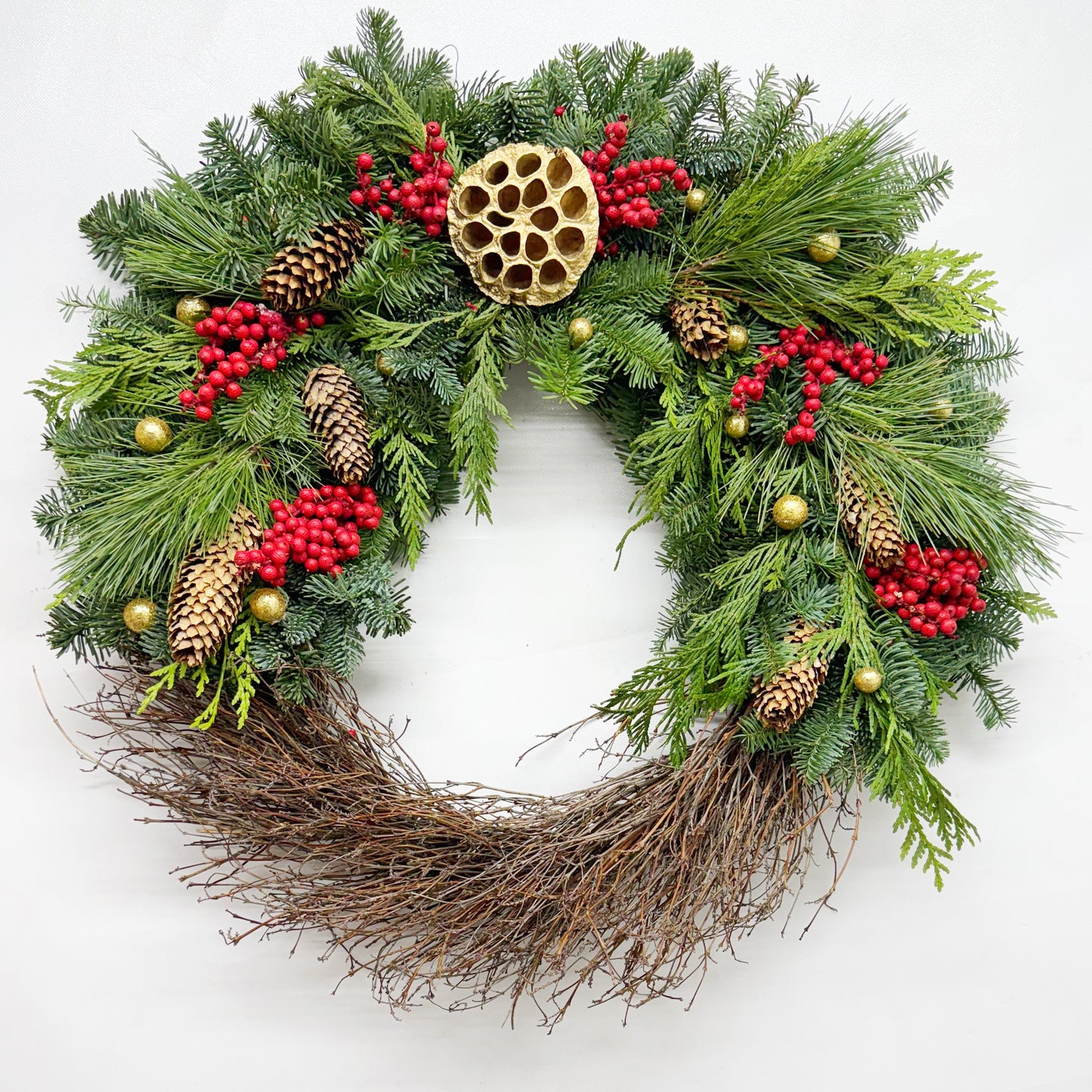 Fresh Evergreens Lotus and Pine Wreath