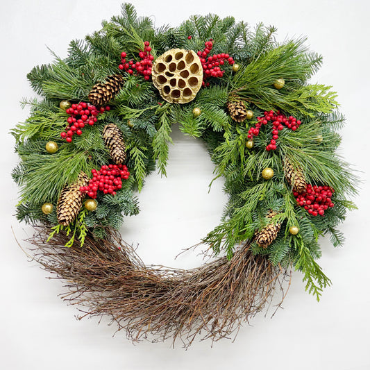 Fresh Evergreens Lotus and Pine Wreath