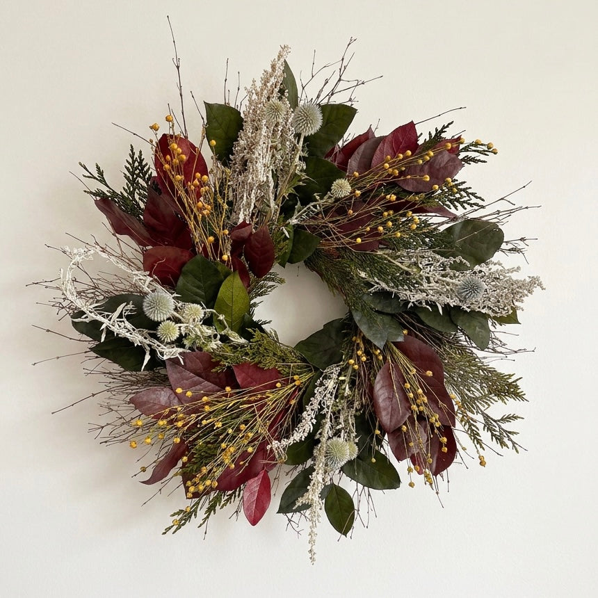 Dried and Preserved Frosted Garnet Wreath