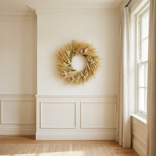 Dried Wheat and White Posies Wreath