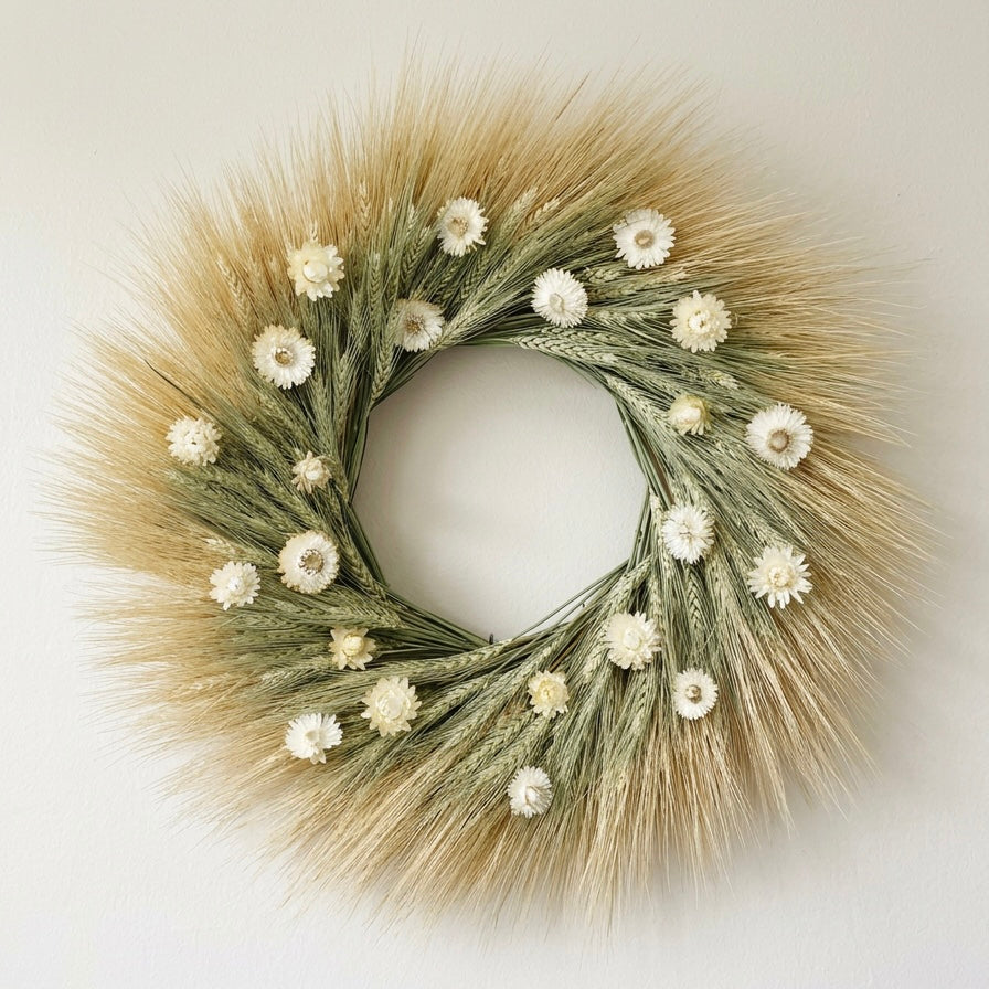 Dried Double Wheat with Strawflowers Wreath