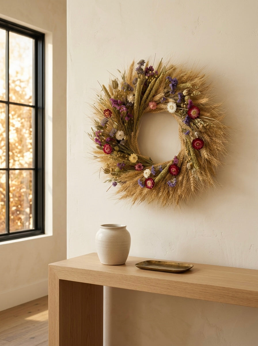 Dried Violet and Rye Wreath
