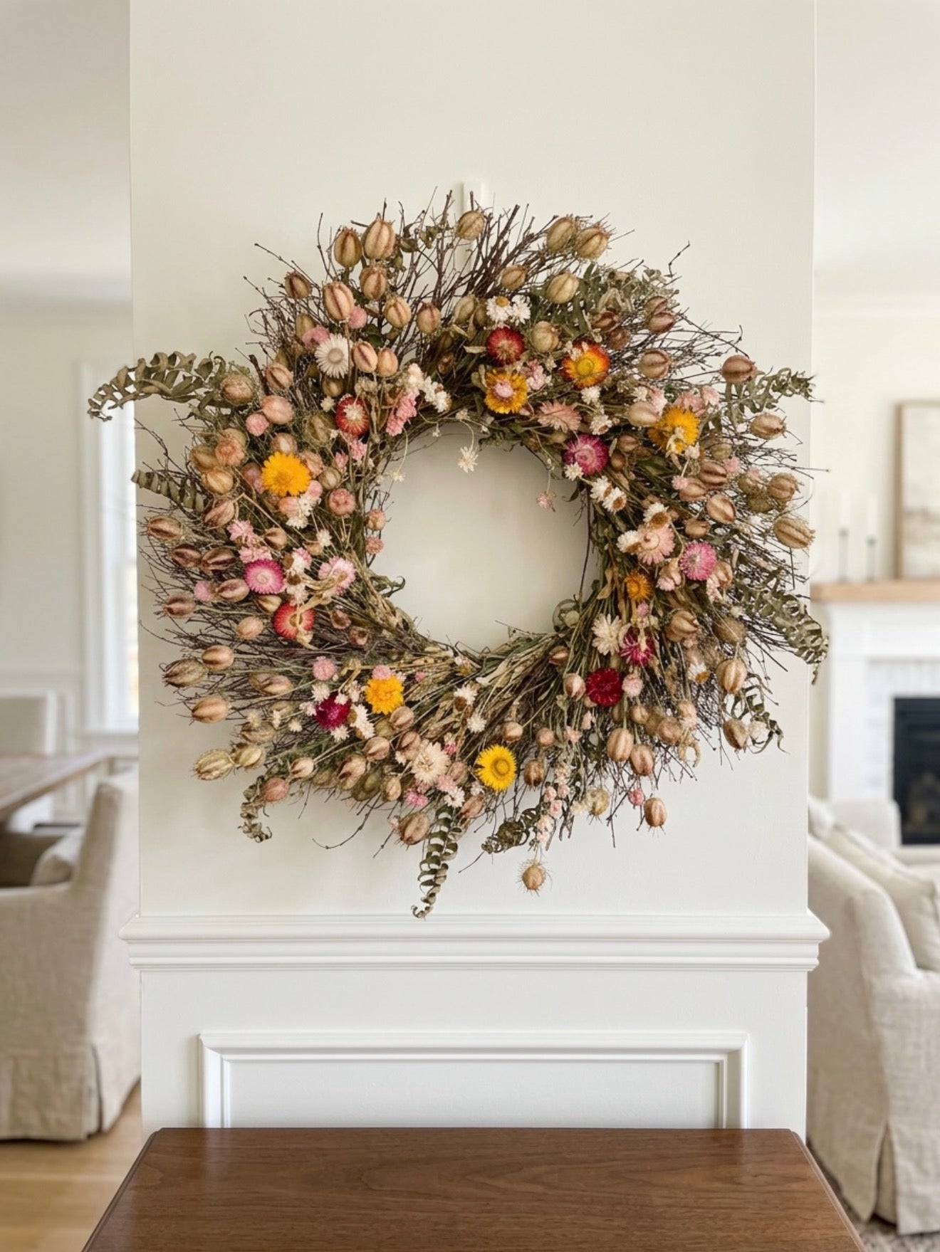Dried Strawflowers Fern Wreath