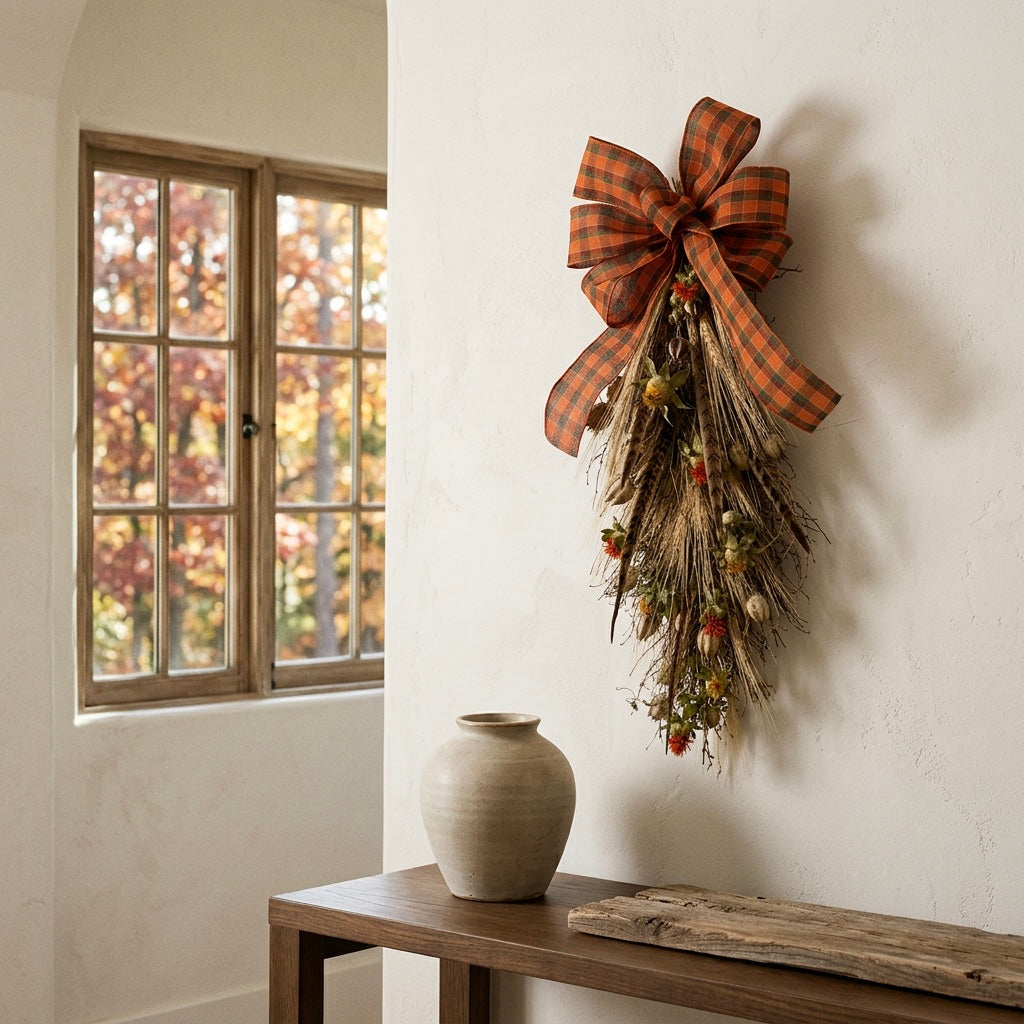 Dried Plaid and Pheasant Door Greeter Swag