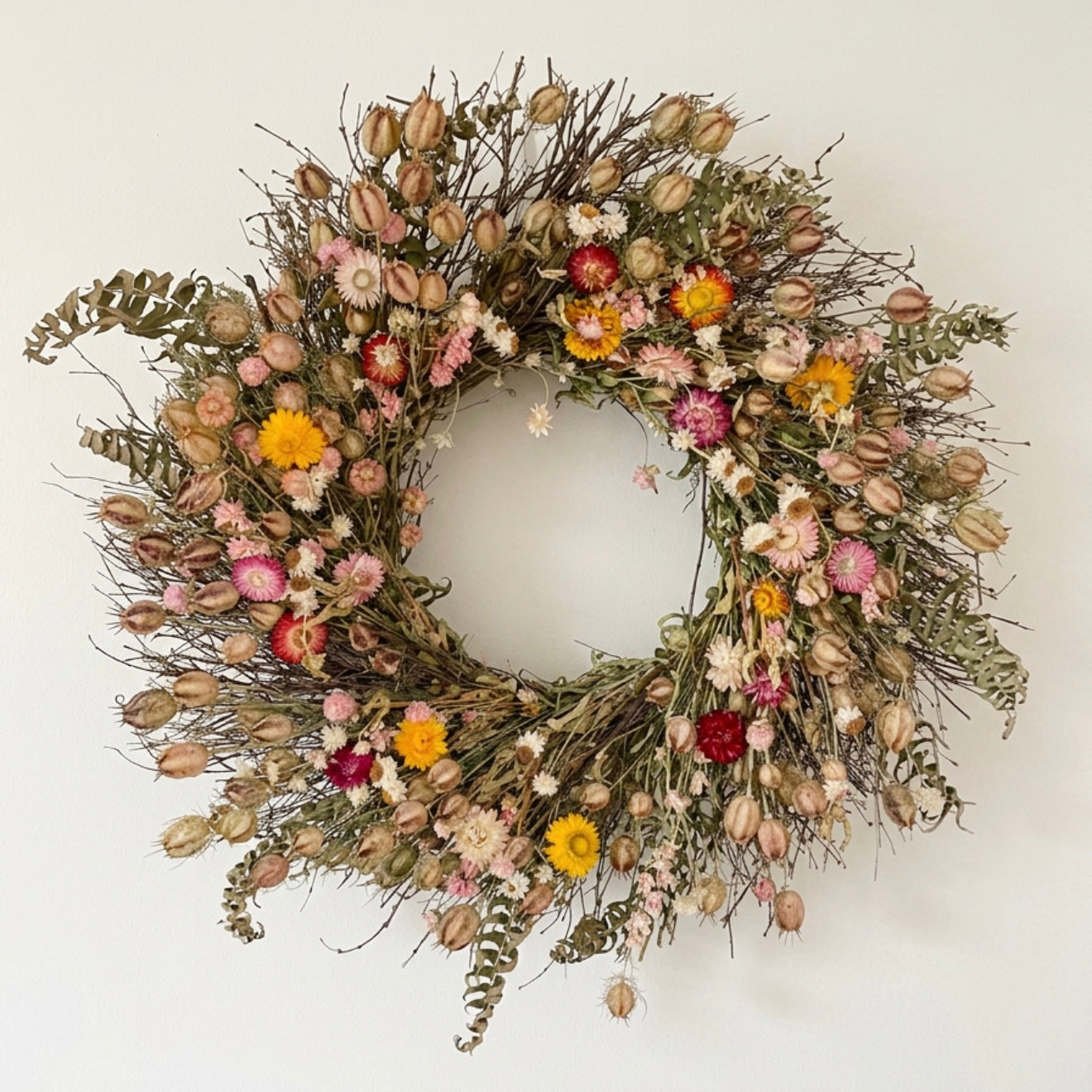 Dried Strawflowers Fern Wreath