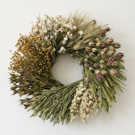Dried Verdant Ivory Wheel Wreath