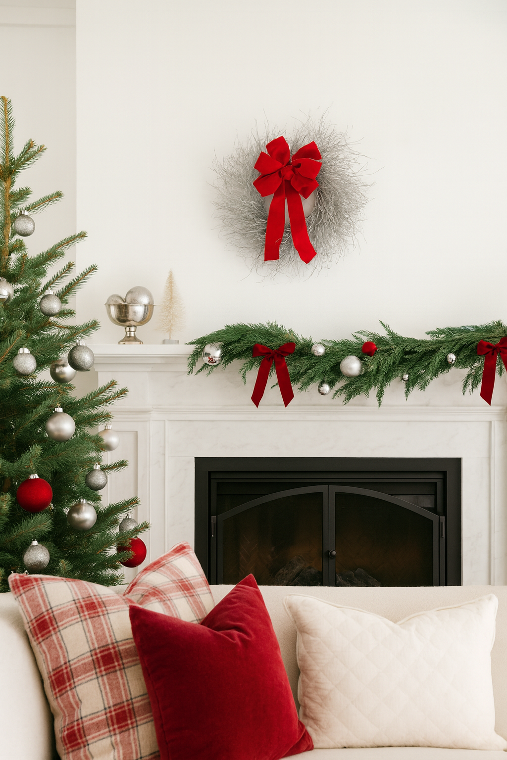 Dried Silver Twig with Red Bow Wreath