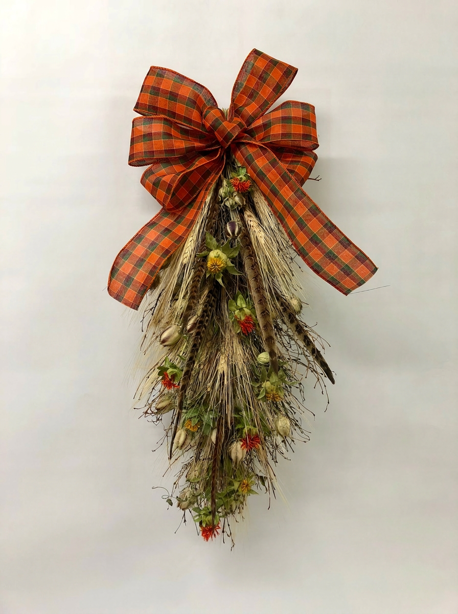 Dried Plaid and Pheasant Door Greeter Swag