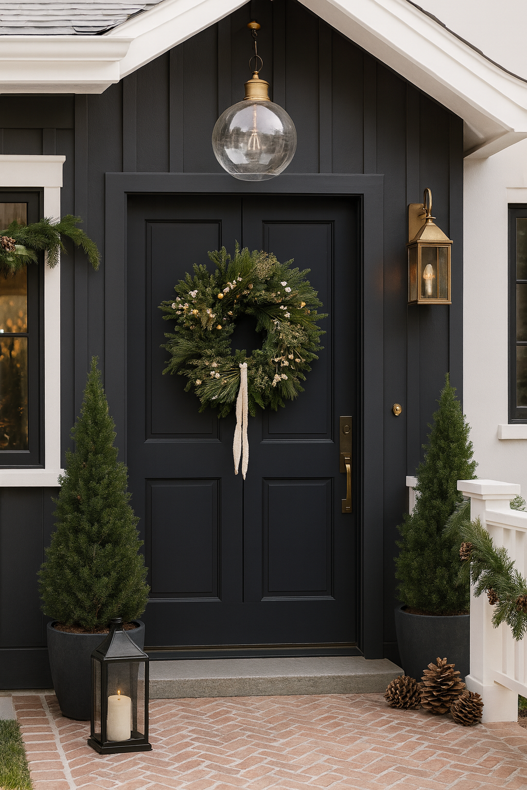 Fresh Evergreens and Ivory Draped Ribbon Wreath