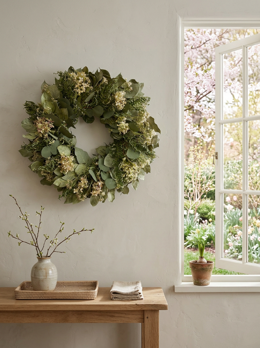 Dried Green Leaves and Hydrangea Wreath