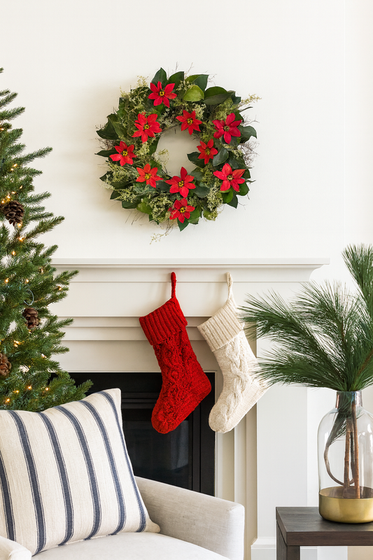 Dried and Preserved Leaves and Faux Poinsettia Wreath