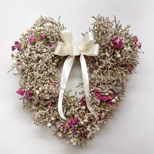 Dried Ivory Satin Bow Heart Wreath