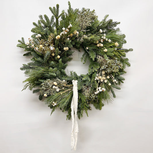Fresh Evergreens and Ivory Draped Ribbon Wreath