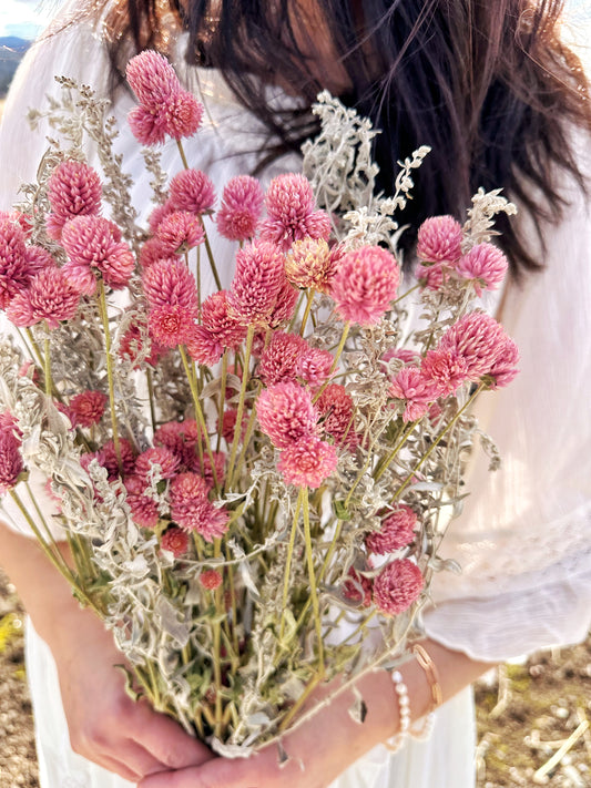 Dried Pink Globe Amaranth and Artemisia Bouquet